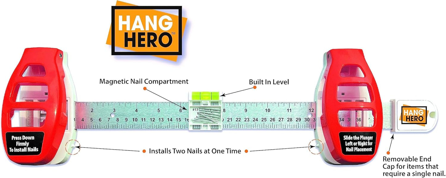 Hang Hero - All in One Picture Hanging System! Measures Frame, Levels and Inserts Nails at The Perfect Depth and Angle. Includes Hang Hero Unit and (50) #17 Brad Nails!